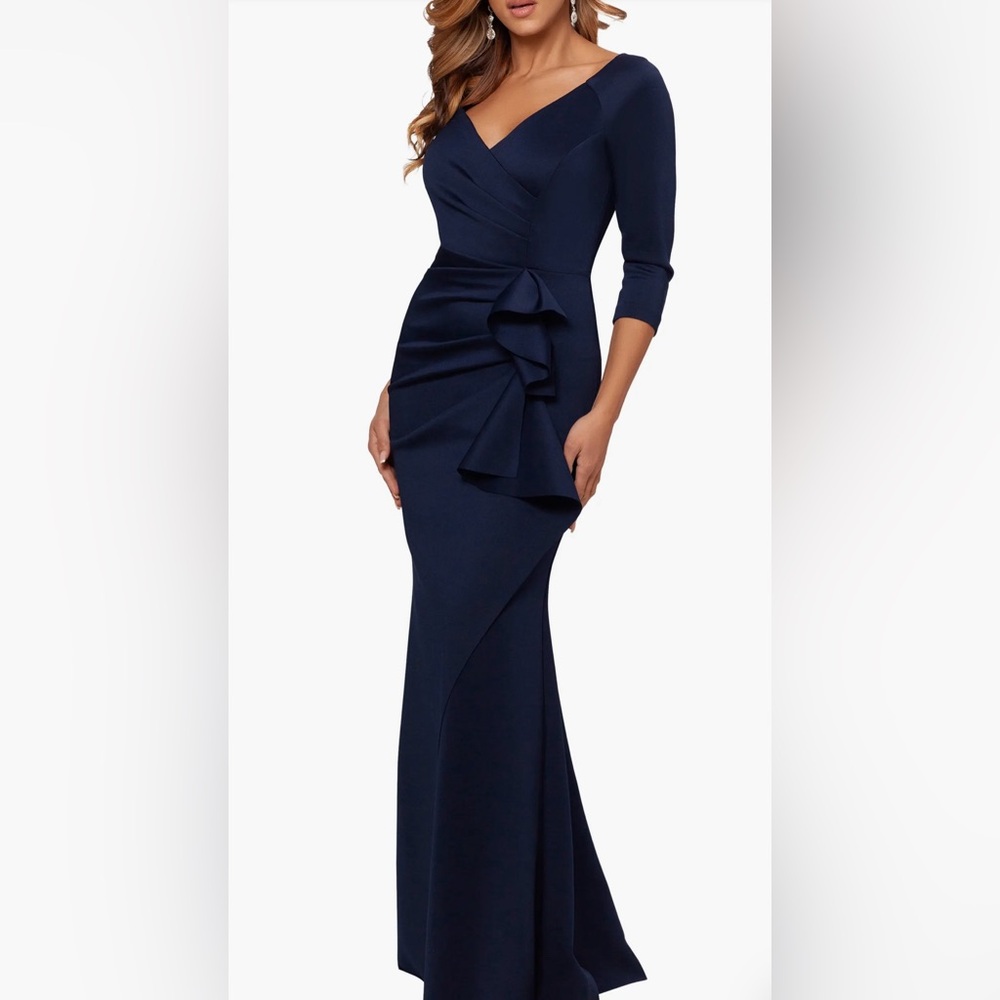 Xscape Women’s Ruched Ruffle Gown Dress Midnight Navy Blue Size 16